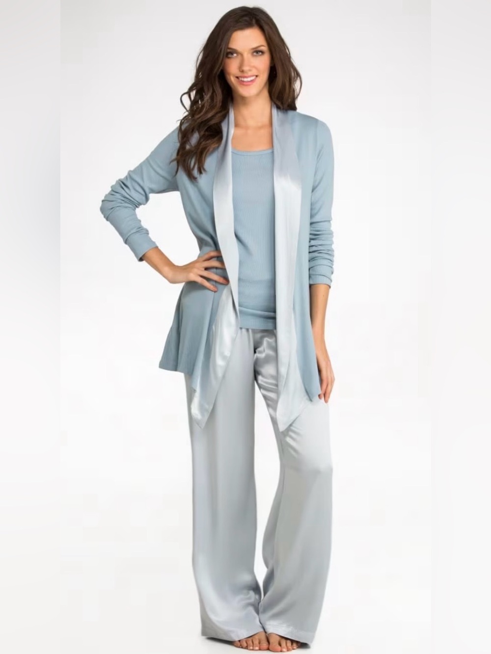PJ Harlow Blue 3 Piece Satin Lounge Set Cardigan Tank Wide Leg Pants - Picture 2 of 10